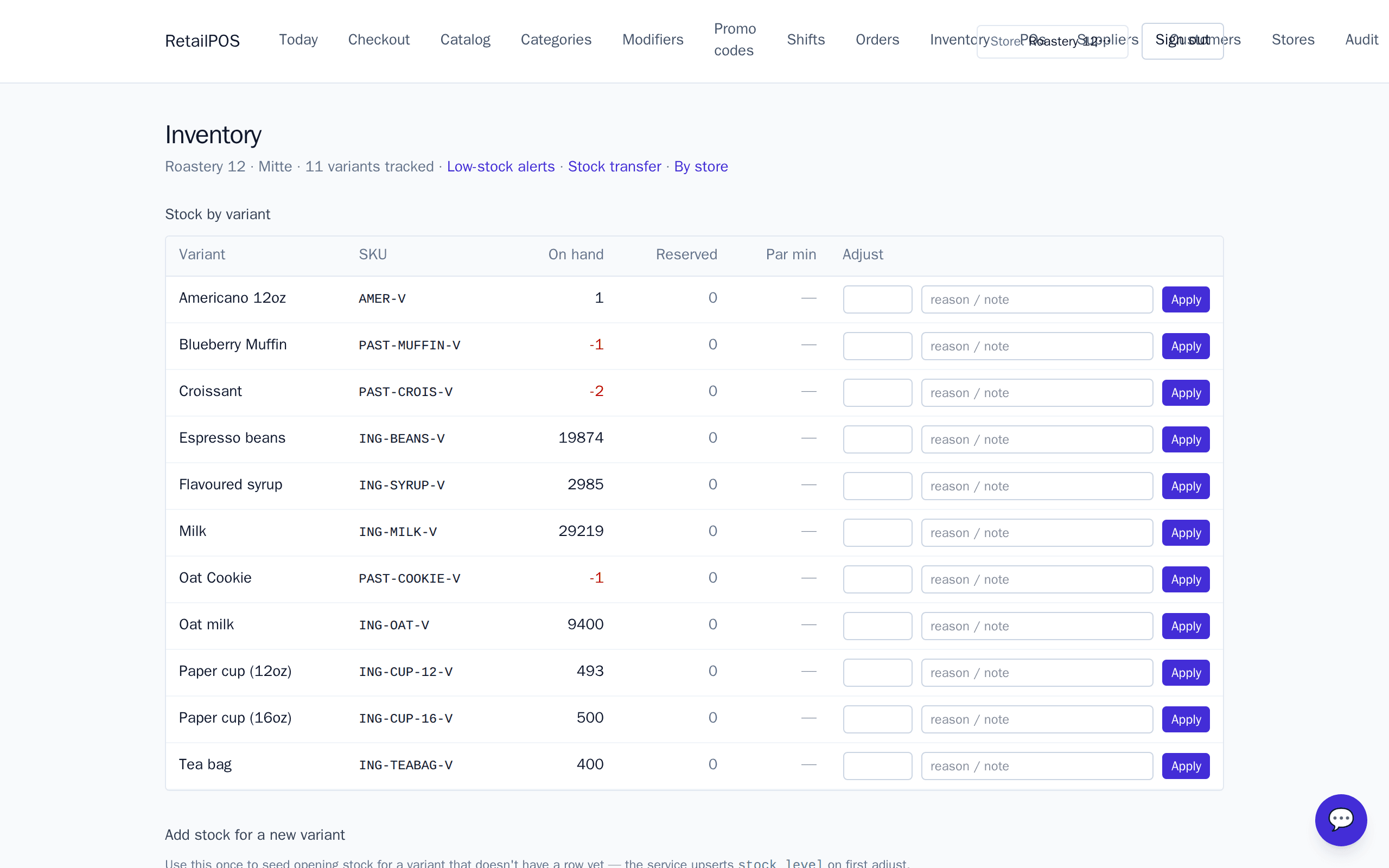 Inventory screen showing variants with SKU, on-hand quantities (some negative), and inline adjust buttons.