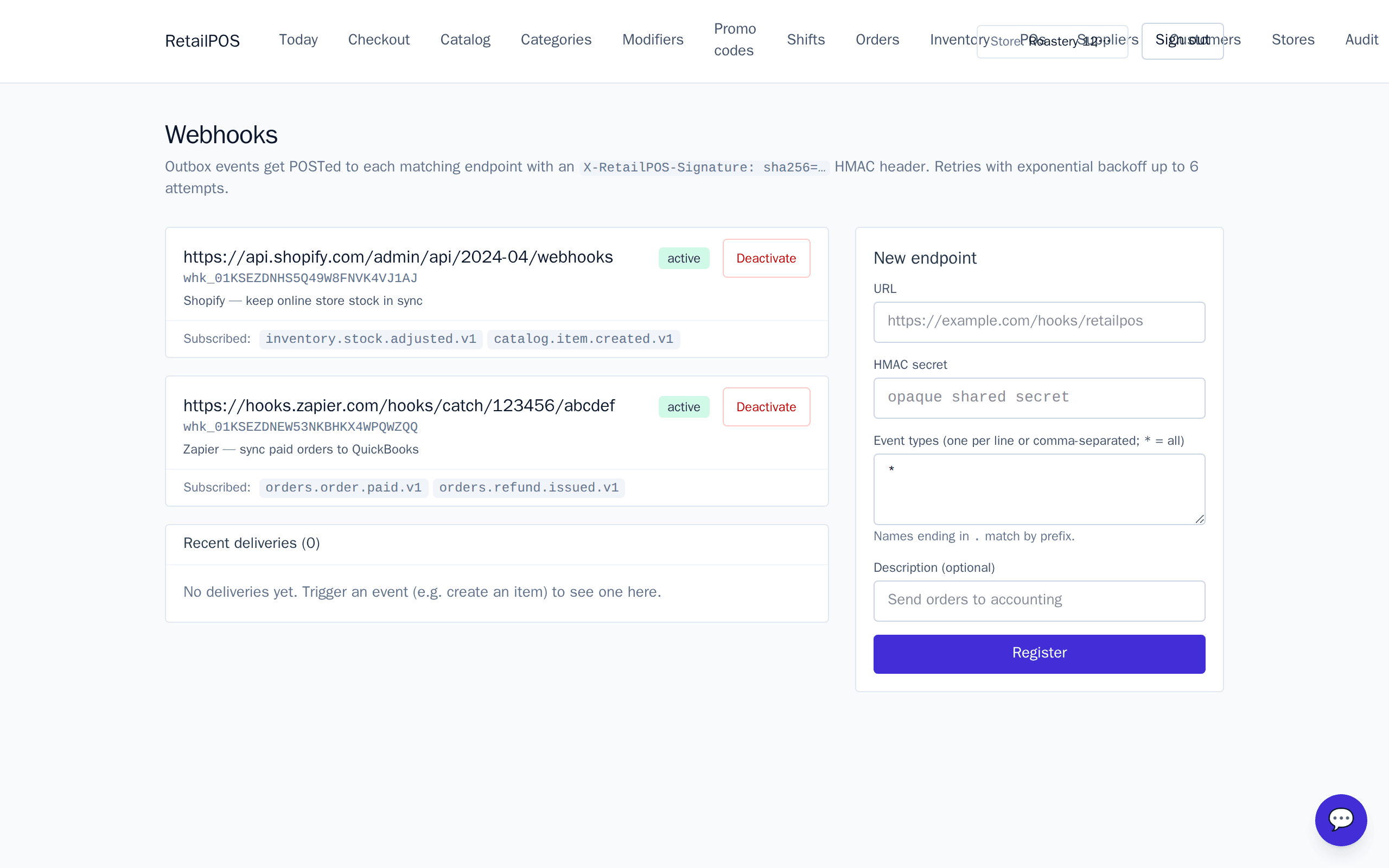 Webhook endpoints list with a Shopify and Zapier endpoint, each subscribed to specific event types and HMAC-signed.