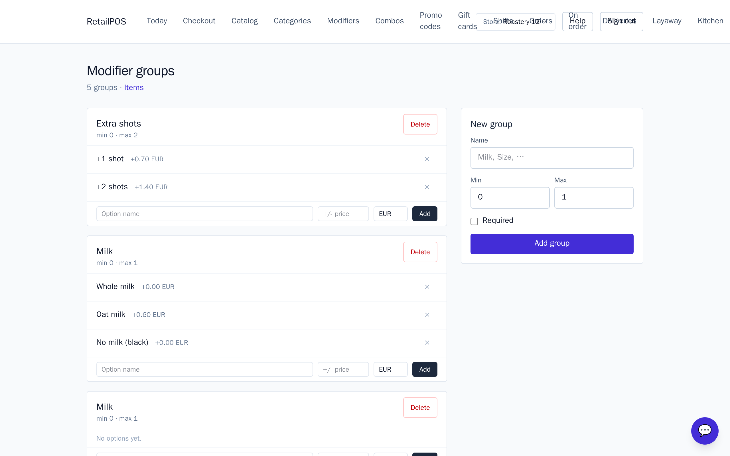 The modifier groups screen