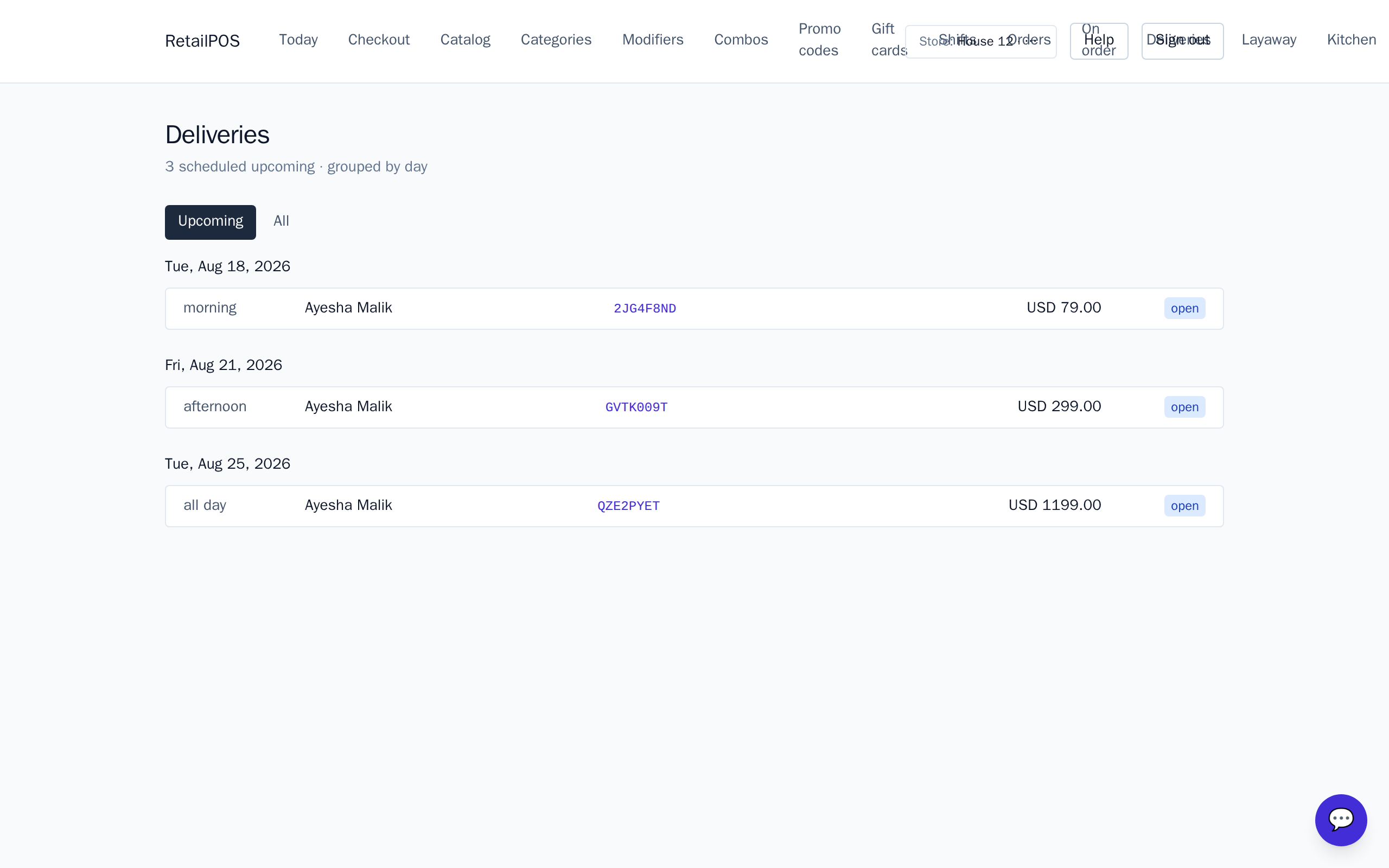 The Deliveries dashboard grouping upcoming deliveries by date