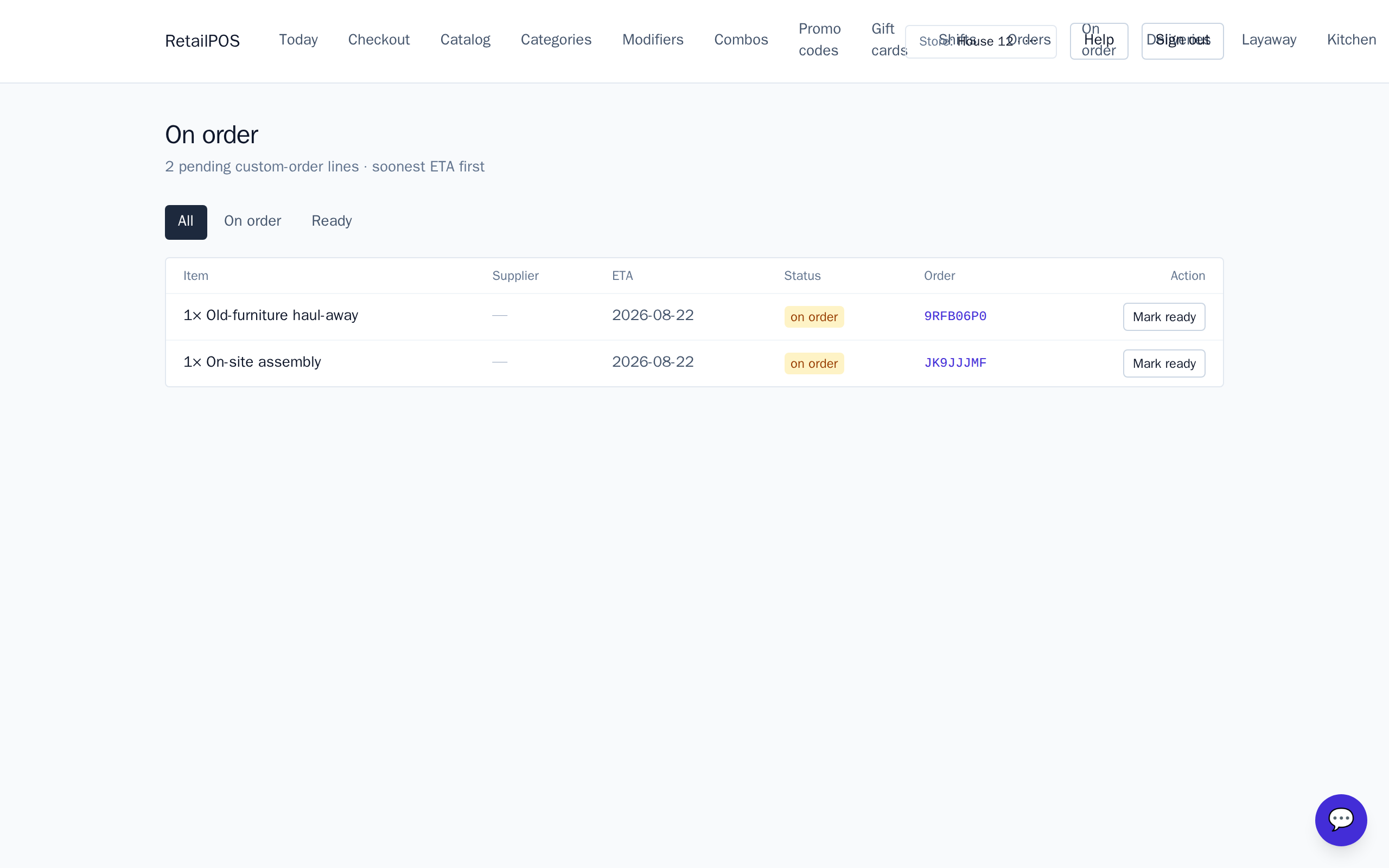 The On order page listing special-order lines and their fulfilment status