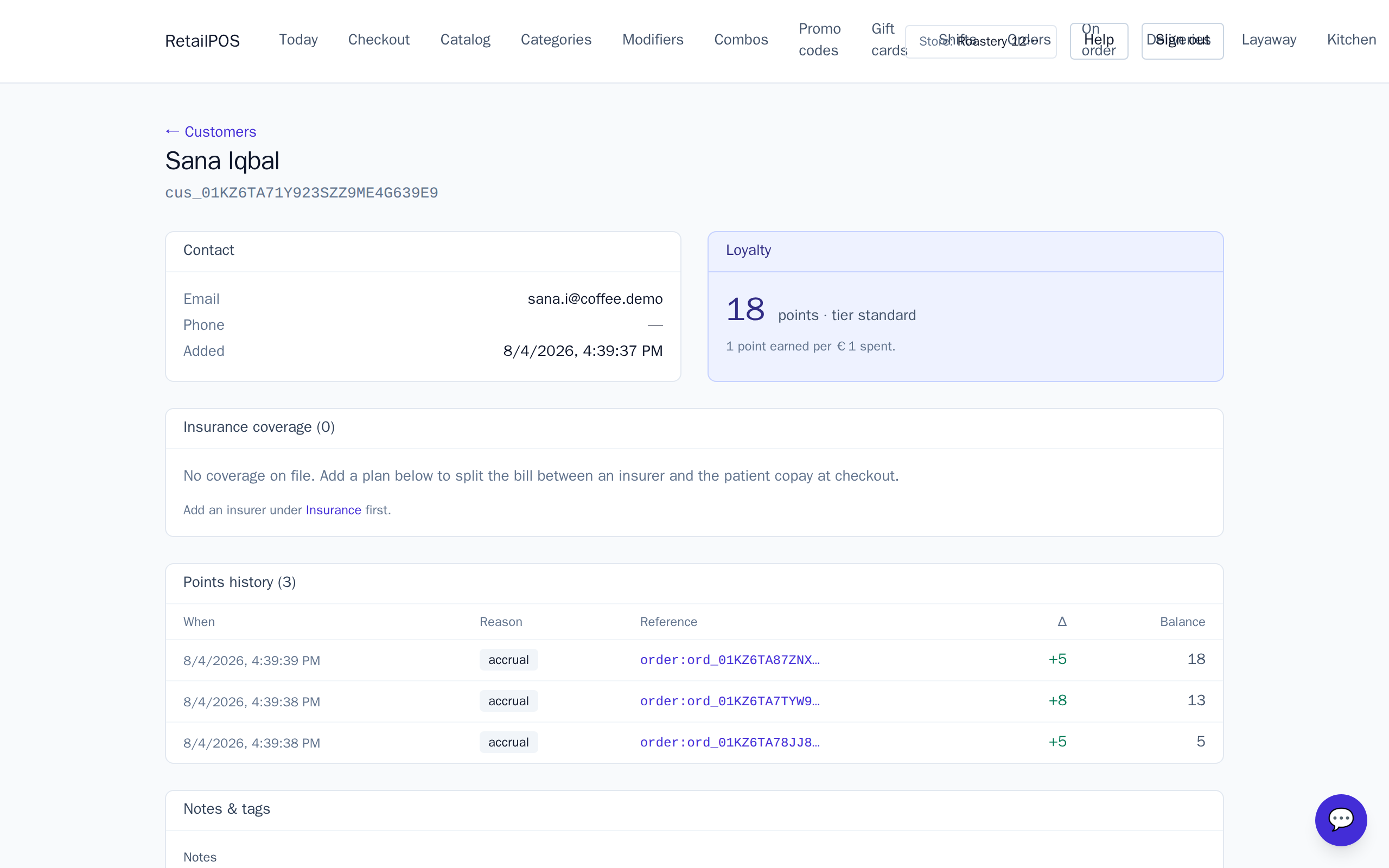 A customer record showing loyalty points