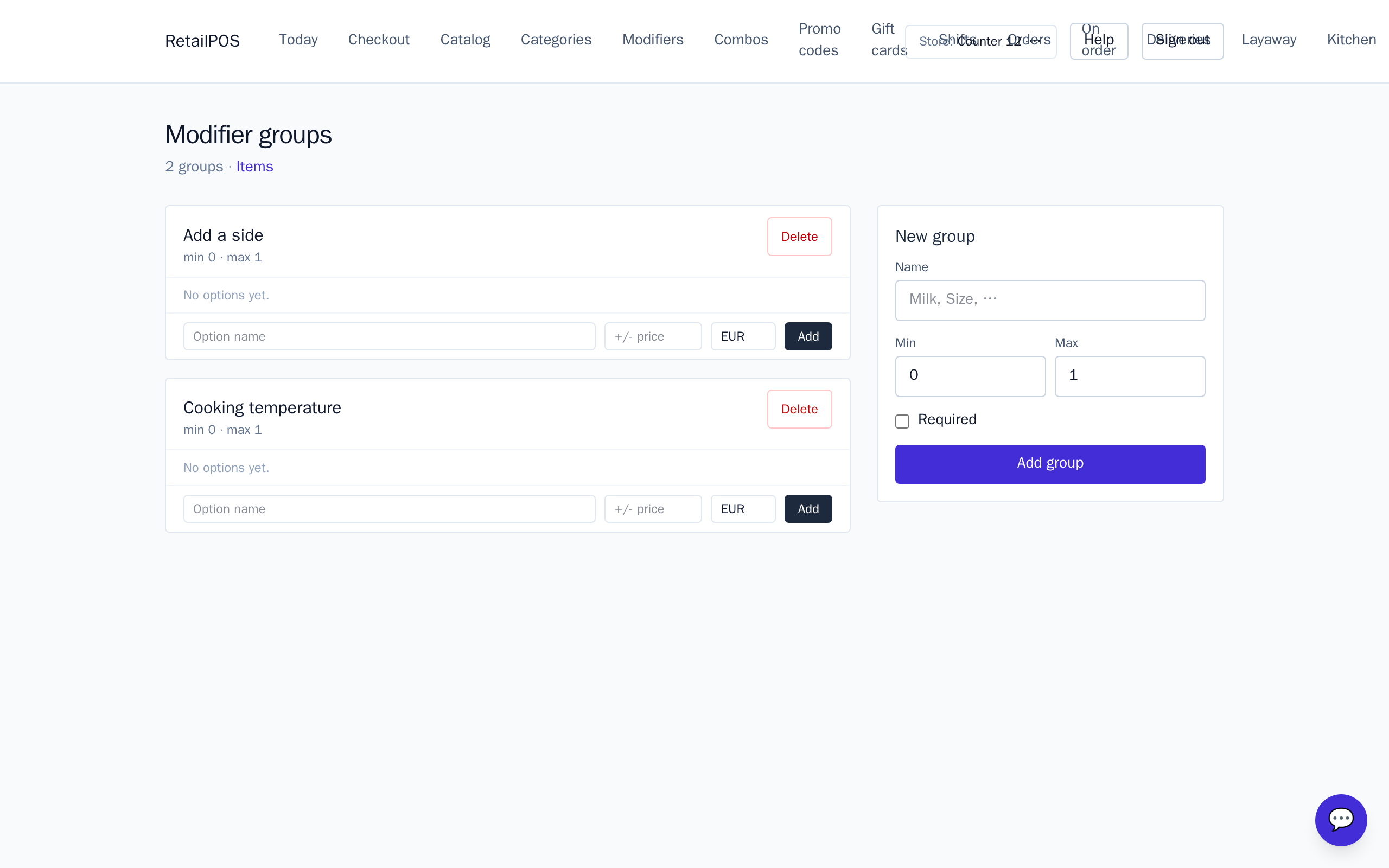 The modifier groups screen